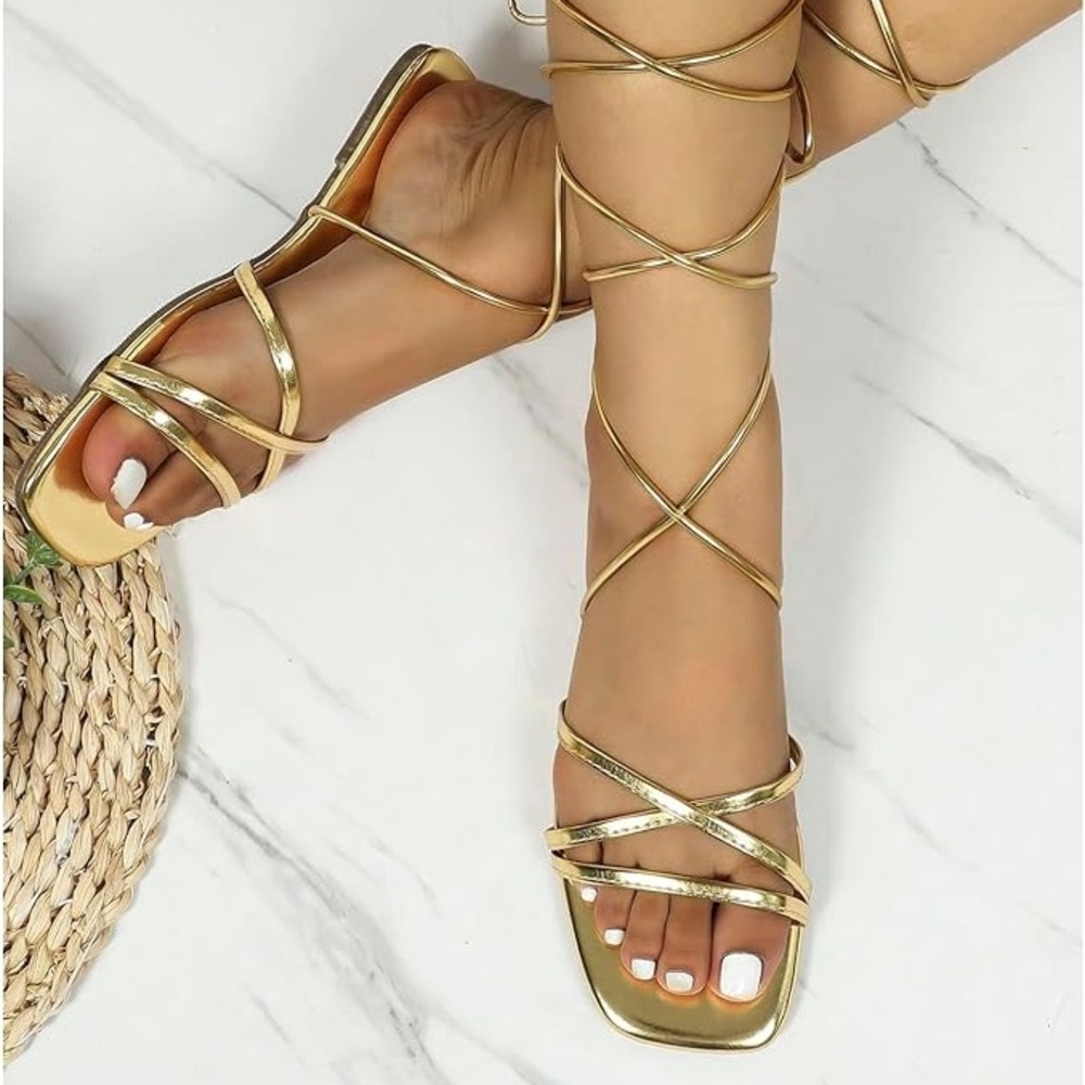 OYOANGLE Metallic Lace Up Sandals